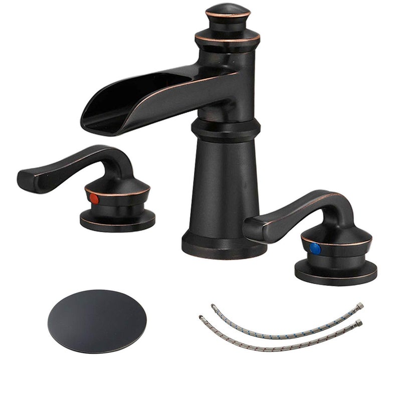 BWE Waterfall Widespread Bathroom Faucet 3 Hole Sink Farmhouse with Oil Rubbed Bronze Bath Bathtub Faucets Pop Up Drain Stopper Assembly and Supply Line 8-16 Inch 2 Handle Vanity Lavatory - Image 1